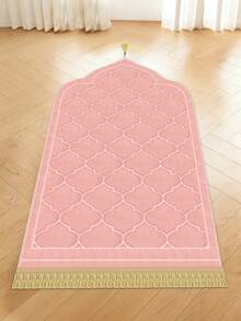 1pc Pink Flannel Muslim Prayer Mat, Thick Sponge Soft Directional Mecca Prayer Carpet, Ramadan Home Decor Rug With Classic Embossed Design - Pink - View 2