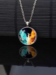 1PC Phoenix-Patterned Pendant Necklace With Dome Glass Inlay, Featuring An Adjustable Alloy Chain, Perfect For Daily Wear Or As A Festive Gift. - Silver - View 2