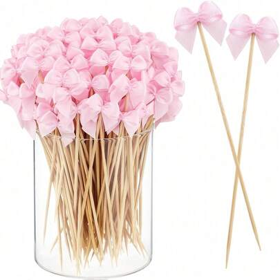 30/50/100 piezas Palillos decorativos con lazo de bambú, palillos de dientes con lazo, decoración elegante para boda de novia, fiesta de cumpleaños de niña, decoración de cupcakes con lazos rosas, sin necesidad de electricidad, palillos para decorar pasteles, charc utería, frutas, decoración de parrilla, decoración para bebidas y alimentos