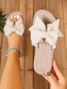 New Soft Bottom Leopard Print H-Shaped Bow Fashionable & Comfortable Outdoor Sandals, Flat Slippers For Women - Beige - View 1