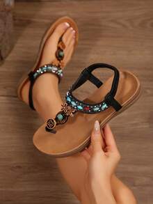 Sandal đế xuồng đính cườm và đá quý phong cách Bohemian mới năm 2025, dép mùa hè đế mềm chống trơn trượt dành cho nữ. - màu đen - Xem 2