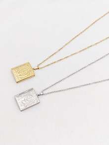 1pc 18K Gold Plated Stainless Steel Hollow Vintage French Style Tree Of Life Square Book Locket Pendant Necklace, Simple & Elegant Design For Men & Women, Affordable Jewelry Gift For Valentine's Day - Multicolor - View 2