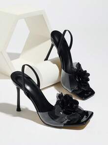女士高跟鞋，适合春夏穿着，可用于晚宴、旅行、情人节约会、街头漫步、舞台表演、聚会等场合。产品特点：PVC透明果冻材质，绑带设计，宽鞋面，3D蕾丝玫瑰花，方头，细高跟，优雅后跟绑带，纯色，镜面抛光，舒适材质，时尚，奢华，优雅，休闲高跟凉鞋。 - 黑色 - 查看 4
