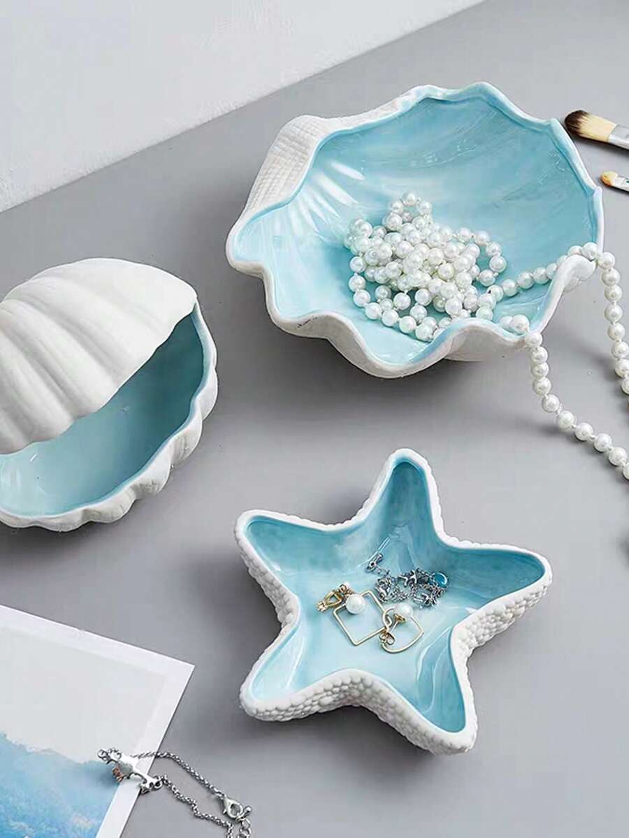 1 Khay trang sức bằng gốm sứ trang trí, hình vỏ sò và sao biển, đĩa đựng đồ trang sức nhỏ, giá đựng nhẫn và bông tai bằng gốm sứ, đĩa trang trí chủ đề đại dương, thích hợp để đựng nhẫn, bông tai, dây chuyền, vòng tay, đồng hồ, chìa khóa, trang trí phòng tắm, phòng ngủ, văn phòng và nhà cửa. - Nhiều màu - Xem 1