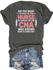 Teediy Women's Funny CNA & Nurse Slogan T-Shirt -  Comfort Fit Short Sleeve Round Neck Humor Top With "Did You Want To Talk To The Nurse In Charge?" Print For Nurses Day, Work & Casual Wear  Printed T-Shirt - màu đen - Xem 7