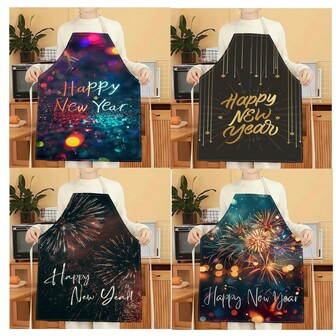 1 st. mönsterförkläden med gott nytt år, kreativa och roliga modetryckta förkläden, enkla rengöringsförkläden för kök, kreativa hemförkläden