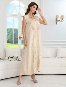 Elegant Embroidered Beaded Abaya Dress, Sleeveless Robe Dress, Ramadan Atmosphere, Soft & Comfortable 2026 New Design Robe - Apricot - View 8