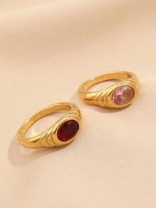 1 pieza/2 piezas Juego de anillos minimalistas de acero inoxidable dorado, incrustados con gemas rosas y rojas, adecuados para uso diario de adolescentes o como regalo - Dorado - Ver 2