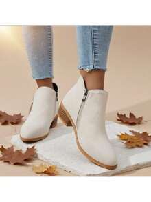 2025 Autumn And Winter Women's Fashion Ankle Boots And Short Boots, 2024 New Style Pointed Toe Design Fashionable Thick Heel Slim Boots - Màu be - Xem 5