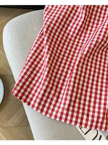 Plaid High Waist Mid-Length A-Line Skirt, Minimalist Commuter Versatile, Casual Daily Wear Bottom - Red and White - View 3