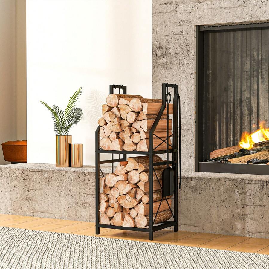 Outsunny Estante de Leña Metálico de Chimenea, Soporte para Leña de 2 Niveles, Leñero Exterior con 4 Herramientas, Ganchos y Base Elevada, para Interior y Exterior, 34x30x80 cm, Negro - Negro - Ver 1