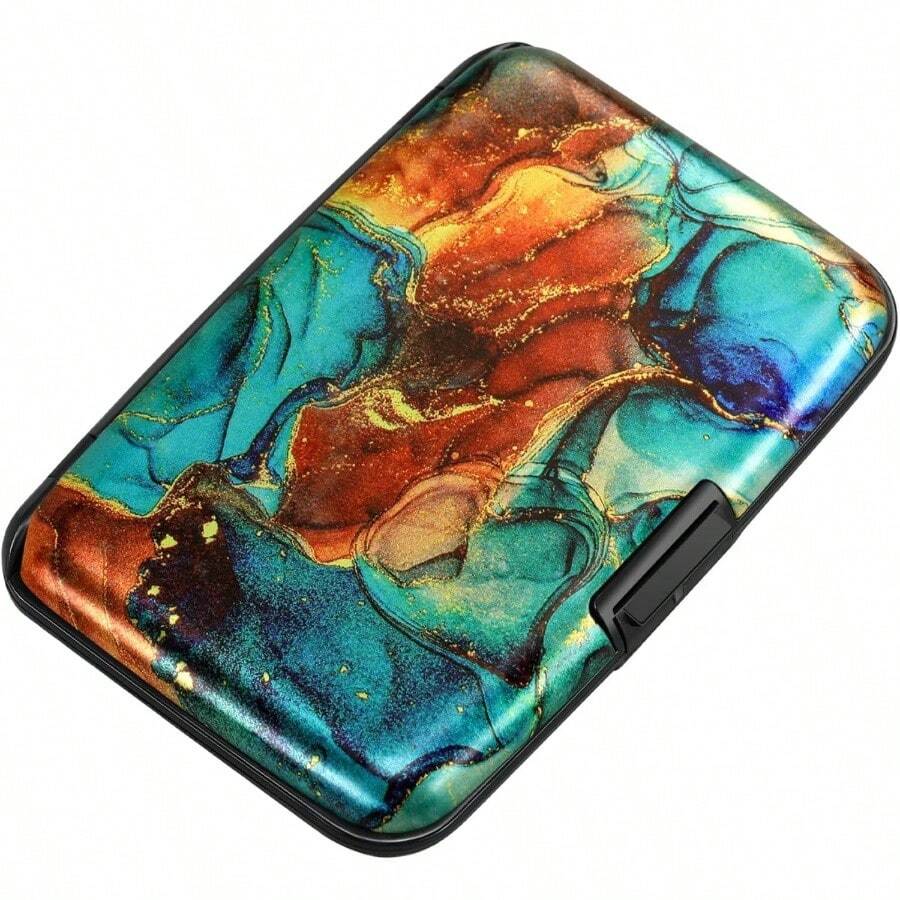 portafolios de aluminio RFID para tarjetas de crdito, estuche de metal para identificacin para hombres y mujeres, Mrmol azul y marrn. Pequeo - Mármol azul y marrón. - Ver 1