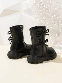 1 Pair Beige & Black Soft Comfortable PU Leather Knee-High Boots For Toddler/Little Girls, With Bow, Zipper, Round Toe, Warm Lining, Classic High Boots, Suitable For 3-15 Years Old Girls For Daily, Vacation, School Wear In Autumn/Winter - Black - View 5
