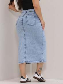 Midi Denim Skirt With Slit, Made Of Stretch Lycra, Modest, Evangelical, Casual, Elegant, Pocket, Zipper, Buttons Down The Front, Everyday Wear. - 淺色水洗藍 - 查看 2