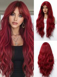 30英寸超长水波纹假发，女士红色角色扮演假发，带刘海，自然耐热合成纤维卷发假发，适合派对角色扮演使用 - 紅色 - 查看 6