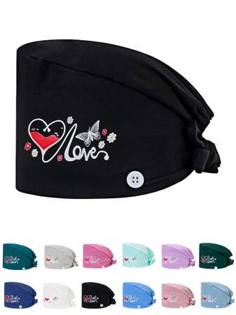 1 st unisex arbetsmössa/sjuksköterskemössa i polyester med hjärt- och fjärilstryck och svettband, justerbar knytbar design, lämplig för veterinärer, tandläkare, skönhetskliniker, läkare, sjuksköterskor, städare