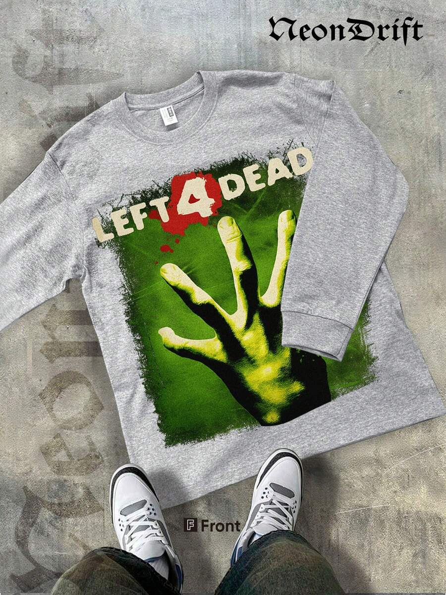 NeonDrift Halloween, Christmas, Thanksgiving Gifts-Glowing Handprint Graphic T-Shirt - Vibrant Neon Design For Gaming Enthusiasts, Perfect For Festivals And Night Outfits,  Streetwear Style - 淺灰色 - 查看 1