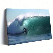 1Pc 2D Flat Canvas Wall Art Prints Posters Painting, Wall Decor Art Poster, Apartment Room Decor Aesthetic, Wrapped Framed Canvas Print, Home Decor, Living Room Office Dorm Wall Decor, Modern Home Decoration, Framed Artwork With Inner Frame, 2D Flat Printed, No 3D Effect, Not Oil Painting, Surfing In Big Wave Ocean Landscape Artwork, Framed Ready To Hang, Blue,Teal,Black - 薄荷藍 - 查看 3