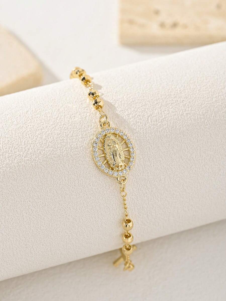 1pc Classic Handmade Copper Beaded Virgin Mary Bracelet, Guadalupe Virgin, St. Jude Charm Beaded Cross Catholic Jewelry, Religious Rosary Bracelet, Suitable For Friends, Girlfriends, Women's Daily And Holiday Wear - Yellow Gold - View 1