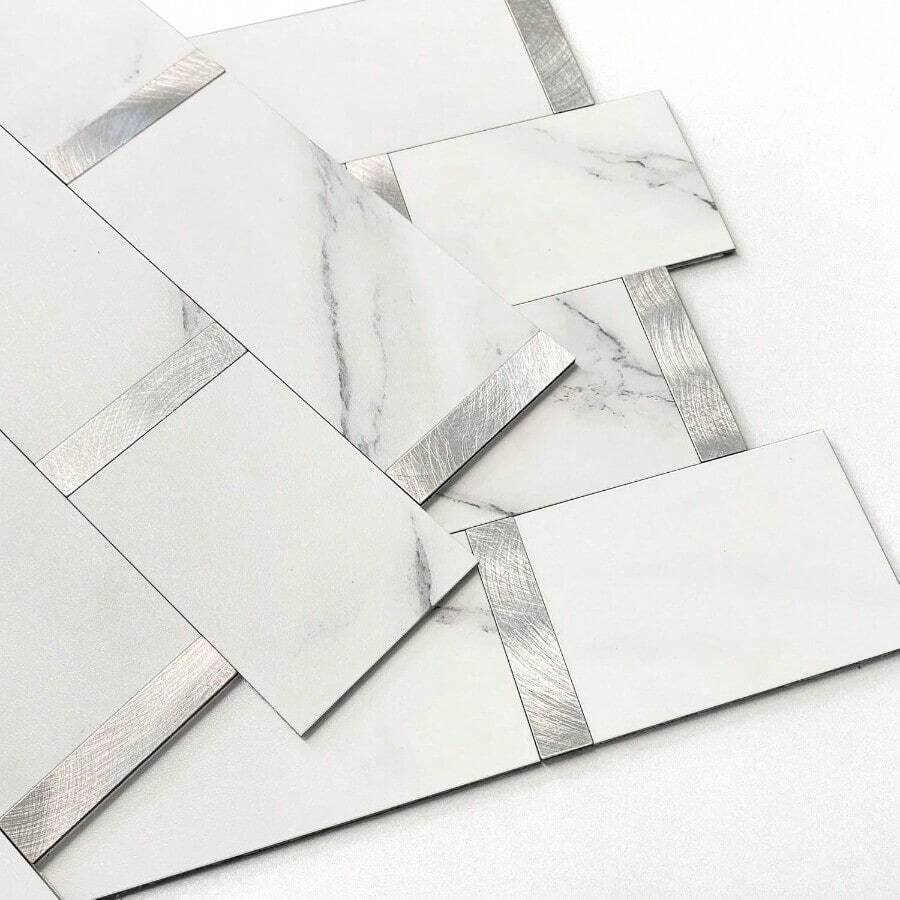 MX Mate Baldosas Adhesivas Para CocinaAzulejos Autoadhesivos Para Baño Ladrillo Adhesivo Paneles Decorativos 3d Para Pared Blanco Plata 10 Piezas - BlancoPlata - Ver 1