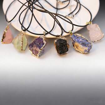 1 pieza/6 piezas Conjunto de colgantes de amatista natural - Cordón de cuero negro ajustable, cristales de forma irregular para hacer collares de joyería DIY, tema de moda, colgantes de piedras preciosas falsas con bolsa de almacenamiento