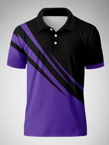 男士休闲拼接色通勤短袖 Polo 衫 - 紫色 - 查看 2