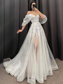 Elegant Sexy Off Shoulder Lace Applique High Slit A Line Tulle Formal Wedding Dress,Registry Office Dresses Bridal Gown,Evening Party Dress Birthday Party Dress Country Wedding,Romantic Church Ceremony Wedding Dress,Suitable For Wedding,Dating,Party,Singles' Party,Vacation,Formal Occasions,Dinner Dress,Prom Dress,Homecoming Dess,Cocktail Party,Wedding Guest Dress,Graduation - 白色 - 查看 1