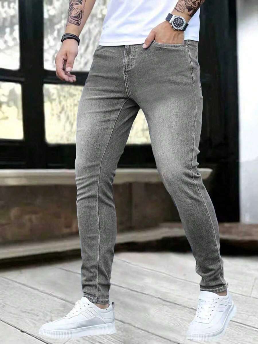 1pc Men's Slim Fit Stretchy Zipper Pocket Blue Denim Jeans - Grey - View 1
