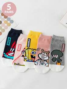 SpongeBob SquarePants 5 đôi tất cổ ngắn nữ, tất in hình hoạt hình phong cách thường ngày, thích hợp cho mùa xuân, hè, thu, phù hợp mặc hàng ngày, đi du lịch, đi học, tất cổ thấp. - Nhiều màu - Xem 8