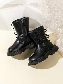 1 Pair Beige & Black Soft Comfortable PU Leather Knee-High Boots For Toddler/Little Girls, With Bow, Zipper, Round Toe, Warm Lining, Classic High Boots, Suitable For 3-15 Years Old Girls For Daily, Vacation, School Wear In Autumn/Winter - Black - View 1
