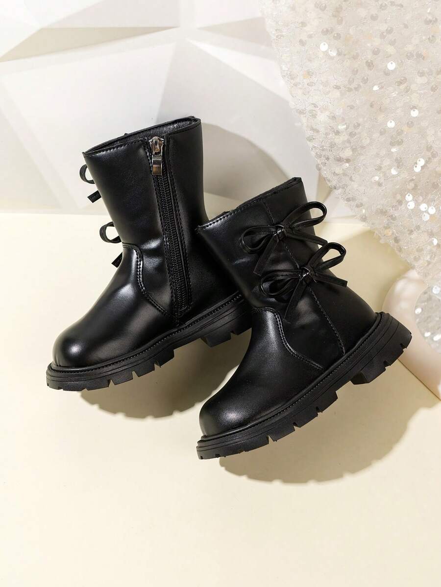 1 Pair Beige & Black Soft Comfortable PU Leather Knee-High Boots For Toddler/Little Girls, With Bow, Zipper, Round Toe, Warm Lining, Classic High Boots, Suitable For 3-15 Years Old Girls For Daily, Vacation, School Wear In Autumn/Winter - Black - View 1