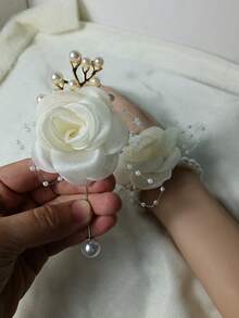 1/2 chiếc hoa hồng trắng thanh lịch đính hạt cườm, vòng tay bằng hợp kim kim loại và dây ngọc trai, thích hợp cho chú rể, cô dâu, phù rể, phù dâu, đám cưới, lễ đính hôn, sự kiện, tiệc tùng, dạ hội, lễ tốt nghiệp. - trắng - Xem 7