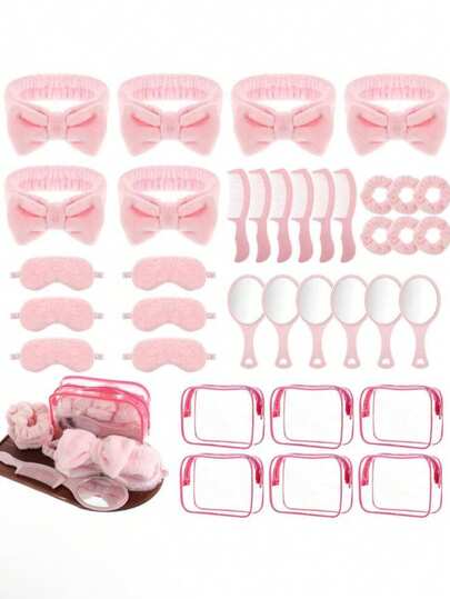 6pcs Women's SPA Pajama Party Set, Including Pink SPA Headband, Pink Sleep Mask, Pink Velvet Scrunchie, Pink Mirror, Comb And Pink Transparent Makeup Bag, Perfect Gift Set For SPA Party, Sleepover Party, Pajama Party And Bachelorette Party