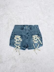 Quần short denim dáng ngắn cargo ôm sát, cạp chun, kiểu dáng cổ điển, chất liệu denim, phong cách Rave Y2K, viền rách, buộc dây, cực kỳ quyến rũ. - Màu xanh lam - Xem 7