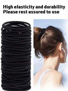 10/30/40/50pcs Black Elastic Hair Ties, Seamless Strong Ponytail Hair Ties, Suitable For Thick Hair, No Pulling Or Damage, Hair Accessories - Black - View 6