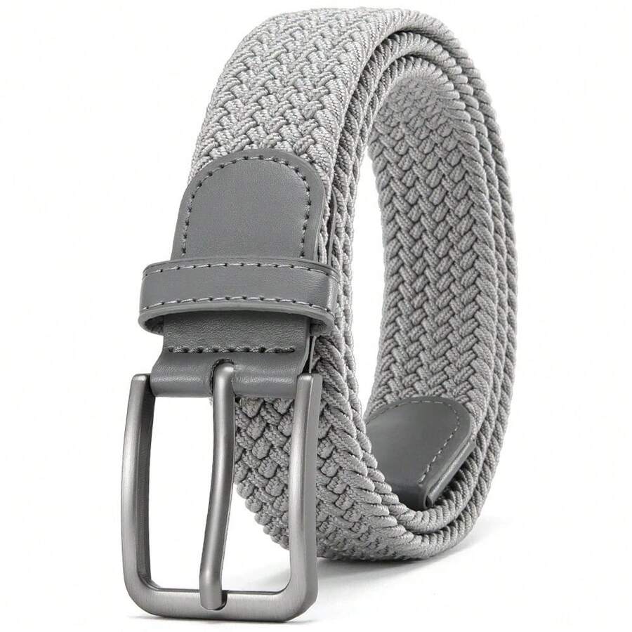 Men's Sports Belt - Sporty Chic - Elastic Braided Fabric, Leather Tip, Metal Buckle - 灰色 - 查看 1