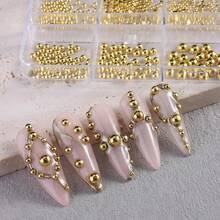 6格3D金属球美甲装饰，金色混合尺寸圆形珠子DIY美甲设计饰品配件美甲宝石美甲用品美甲 - 彩色 - 查看 2
