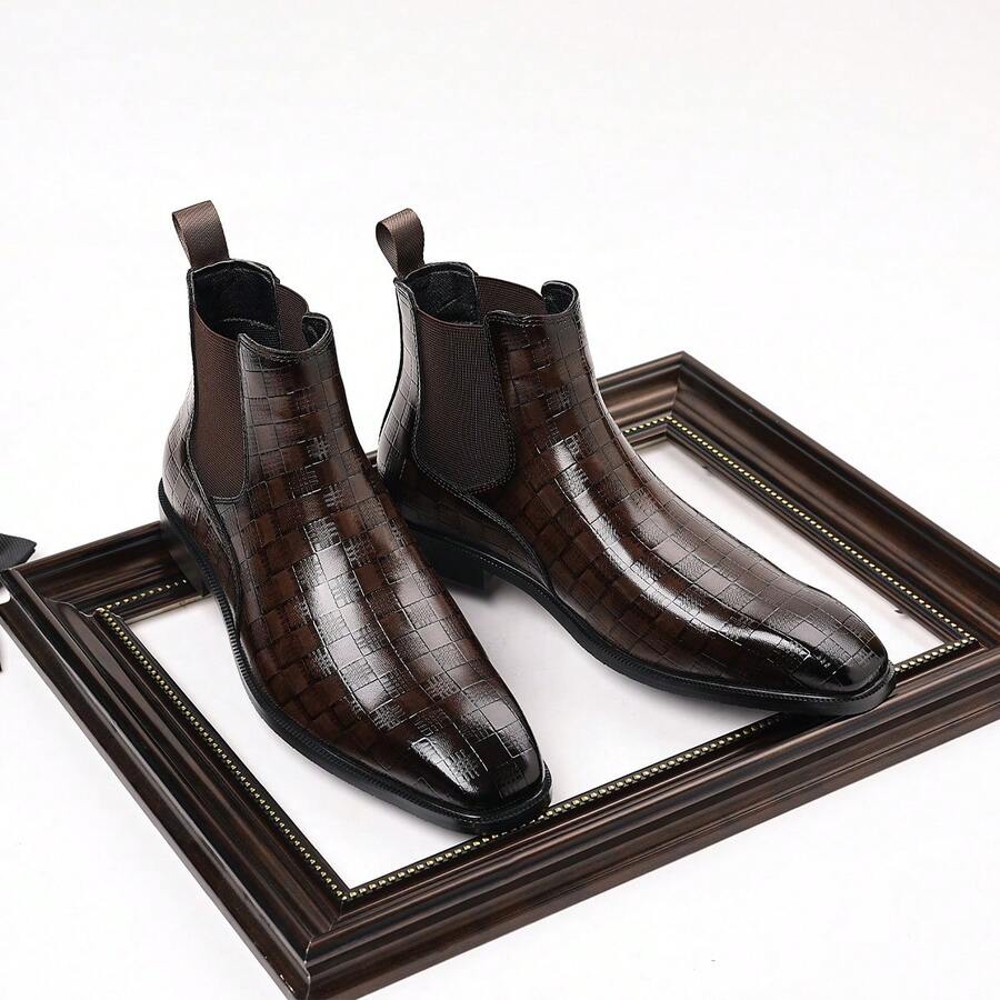 Men's Chelsea Ankle Boots, Black Leather Business Casual Slip-On Boots, Versatile Formal & Commute Shoes - Brown - View 1