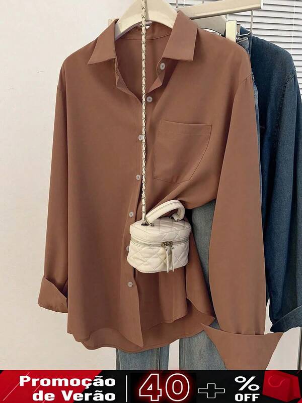 Camisa Feminina de Cor Sólida com Manga Longa, Casual e Elegante para Uso Diário