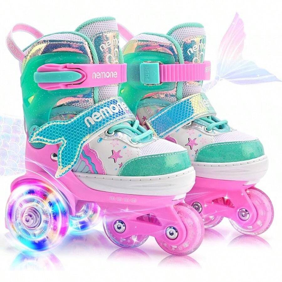 NewNEMONE Mermaid 4 Size Adjustable Light Up Roller Skates For Girls, Purple Blue Skates For Toddlers, Beginner Kids Butterfly Roller Skates Indoor OutdoorSeasonal Gifts - F-幼兒滑冰鞋 - 綠色粉紅色 - 查看 1