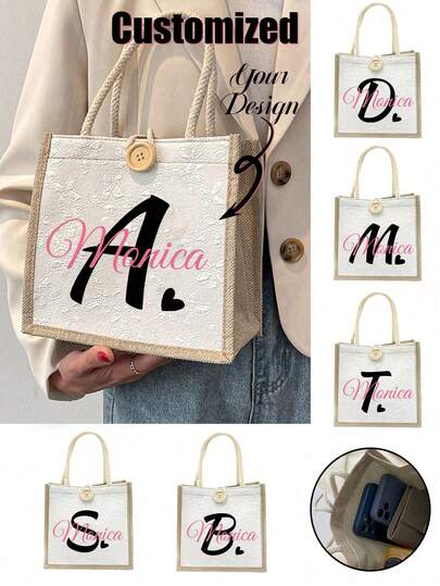 1 pieza Bolso de lona personalizado con diseño floral, de letra o de corazón, bolsa de regalo personalizada, diseño único (foto, paisaje, ilustración), gran capacidad, durable y ligero, bolso de playa