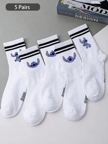 5/1 Double Stitch Cute Cartoon Pattern Middle Socks With Sports Stripe Design, Made Of Polyester Fiber Material, Cute Cartoon Pattern, Fashionable, Casual And Breathable, Suitable For Daily Wear, School Season And Holiday Gifts. - Multicolor - View 8