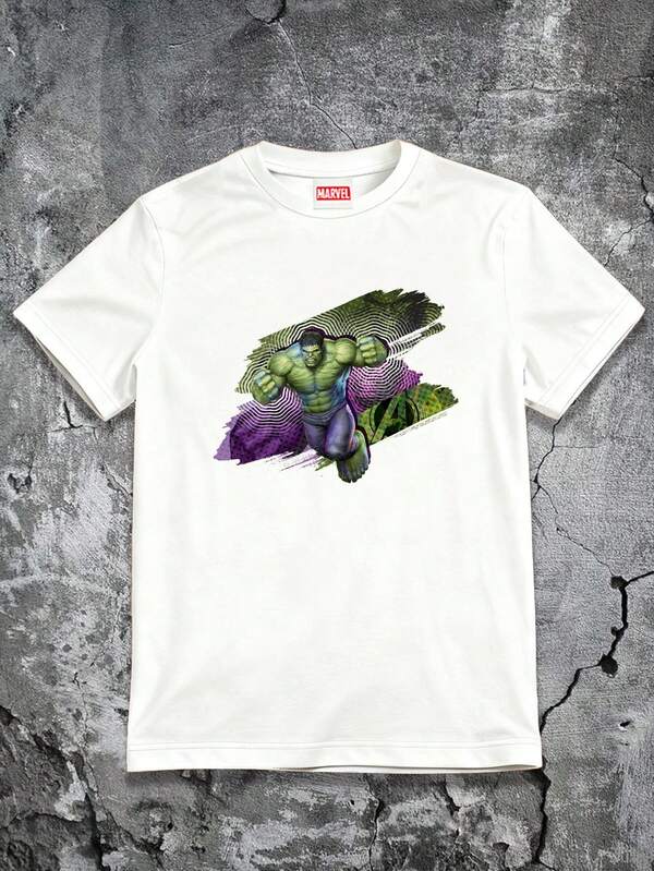 Marvel تي شيرت كاجوال بأكمام قصيرة مطبوع بطباعة فنية ملونة بطراز هالك للرجال