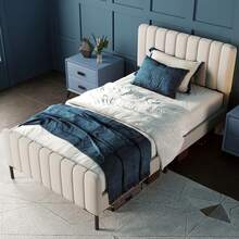 Upholstered Double Bed 140 X 200 Cm, Bed Frame With Slatted Base And Adjustable Headboard, Upholstered Bed In Grey-Beige, Bed Frame Youth Bed For Bedroom Guest Room - Linen Material