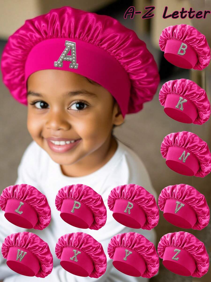 1pc A-Z Letter Baby Sleeping Cap, Suitable For 3-8 Years Old Children, Can Be Used As Sleeping Hat, Suitable For Curly Hair Girls, Satin Sleeping Cap, Suitable For Teenagers And Toddlers - Hot Pink - View 1