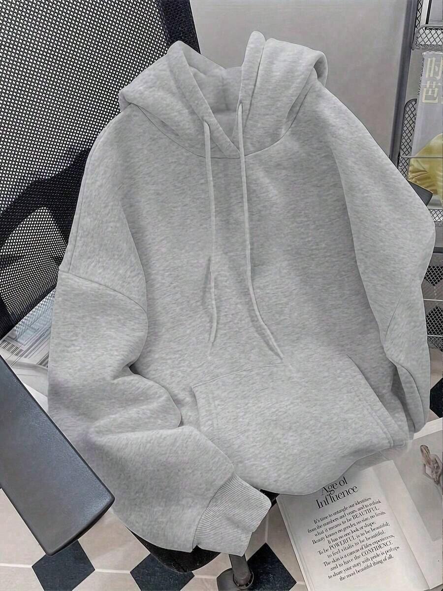 Women's Minimalist Print Solid Color Hoodie(Sudadera Con Capucha), Premium Cotton Blend Fabric, Basic Casual Light Street Style, Soft Long Sleeve Hooded Sweatshirt, Great For Daily Wear, Must-Have Essential For 2026 Spring Break And Back To School - Xám - Xem 1