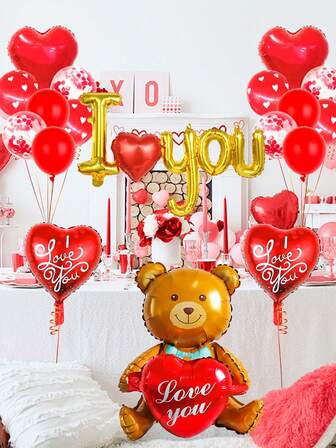 21pcs Valentine's Day Balloon Set, Includes Teddy Bear Hugging Heart, "I Love You", 18-Inch Heart Foil Balloon, And Red Latex Balloons, Suitable For Valentine's Day, Birthday, Party Decoration, Romantic Decoration, Confession, Proposal, Wedding, Anniversary, Bride Gift Decoration Balloons