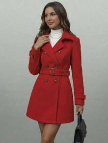 这款女士经典双排扣领大衣，红色，适合秋冬季节穿着，采用腰带设计，配有口袋，中长款廓形，保暖混纺面料。 - 紅色 - 查看 6
