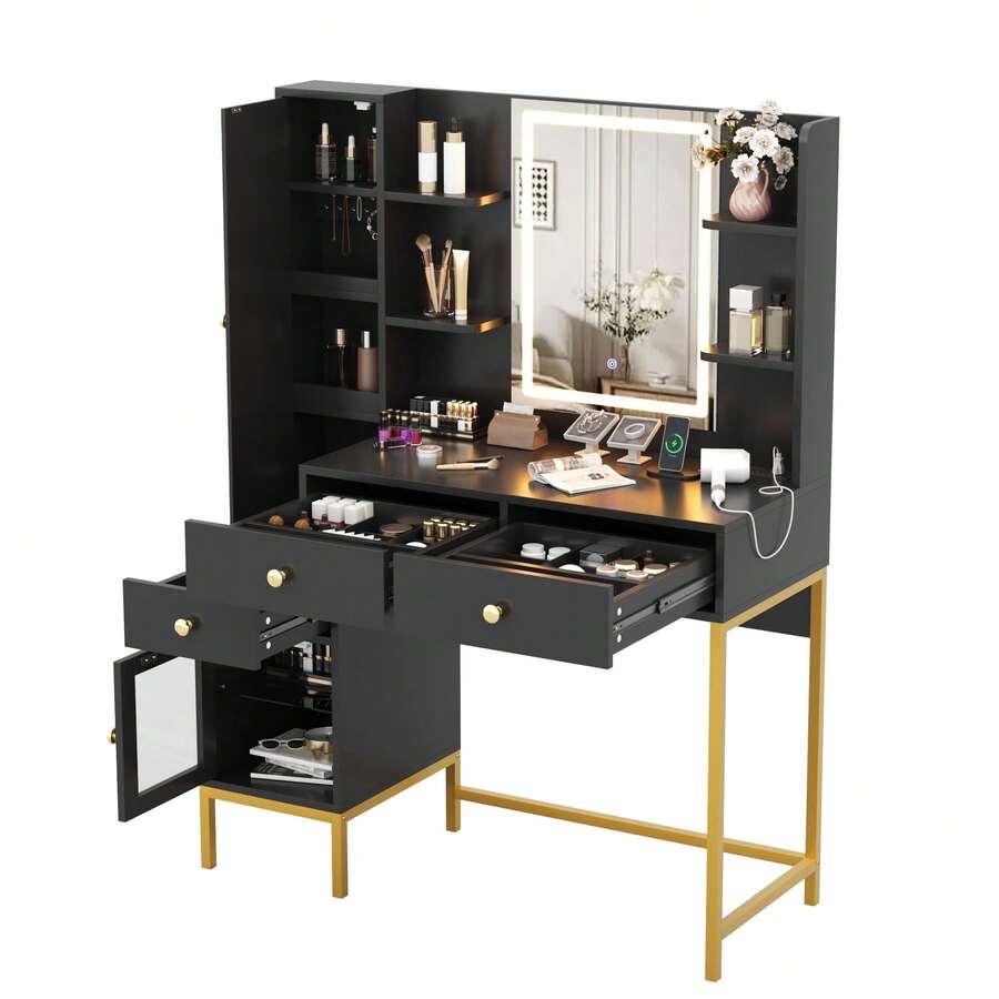 Tocador con luces, 3 modos de iluminación, escritorio con estación de carga, taburete acolchado suave, tocador moderno con 3 cajones, armario y estantes abiertos para dormitorio. - Negro - Ver 1