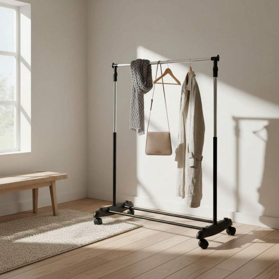 Ecommerc3 MOBLEKIT | Free-Standing And Expandable Clothes Racks In Metal And Wood, Clothing With Adjustable Options, With Wheels Or Shelves, Organizers For Bedroom, Entryway And Home - Black and Silver Coat Rack 82x42x90-160 cm - View 1